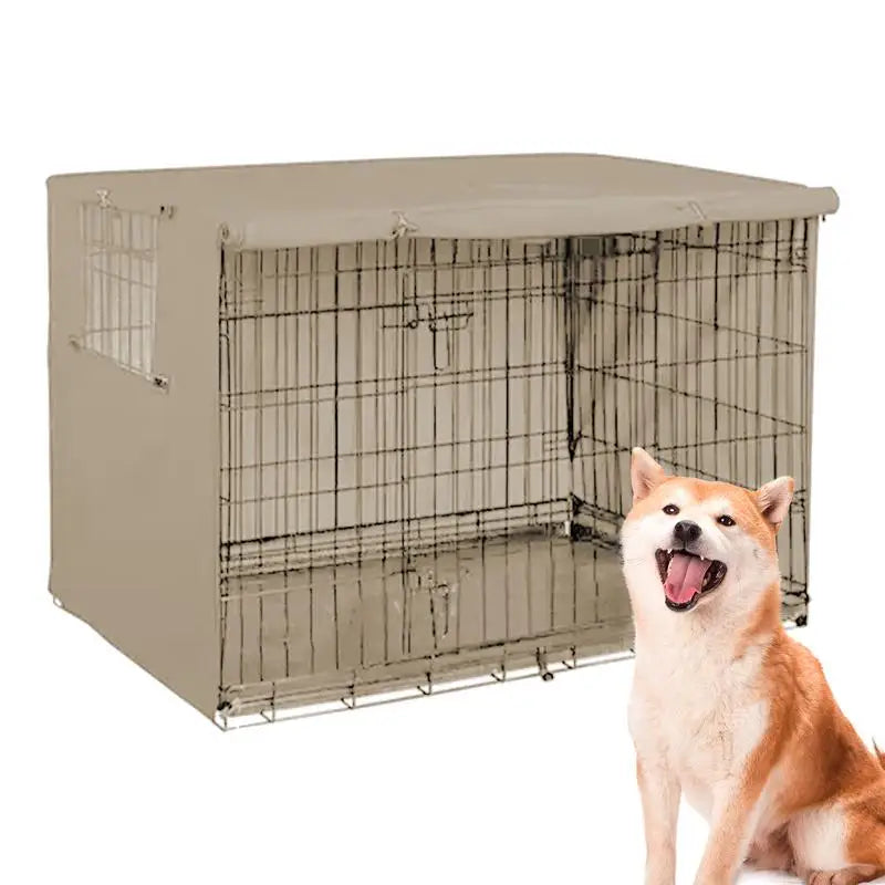 A light beige waterproof dog crate cover with mesh windows, featuring a wire crate inside.