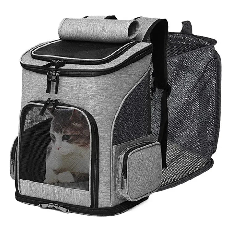 A gray and black breathable pet carrier backpack with a window for a pet is shown.