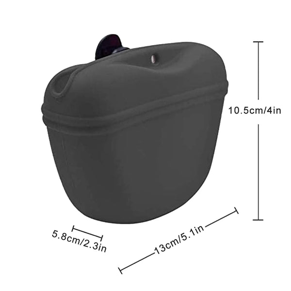 A dark gray silicone dog treat pouch with a magnetic closure and waist clip.