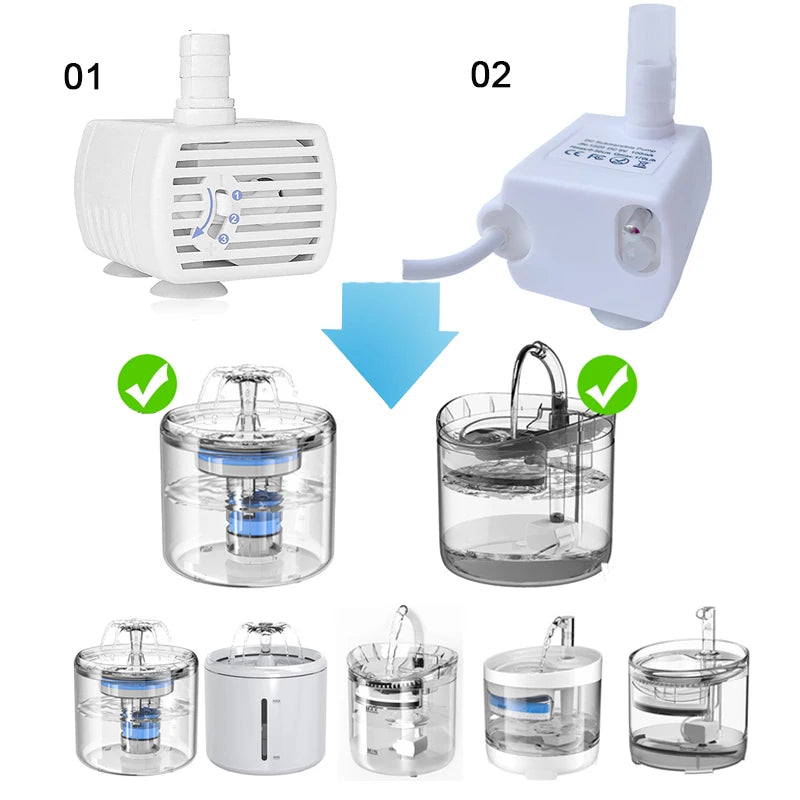 A set of quiet USB pet fountain water pump components including the pump unit and various glass containers for pet water.