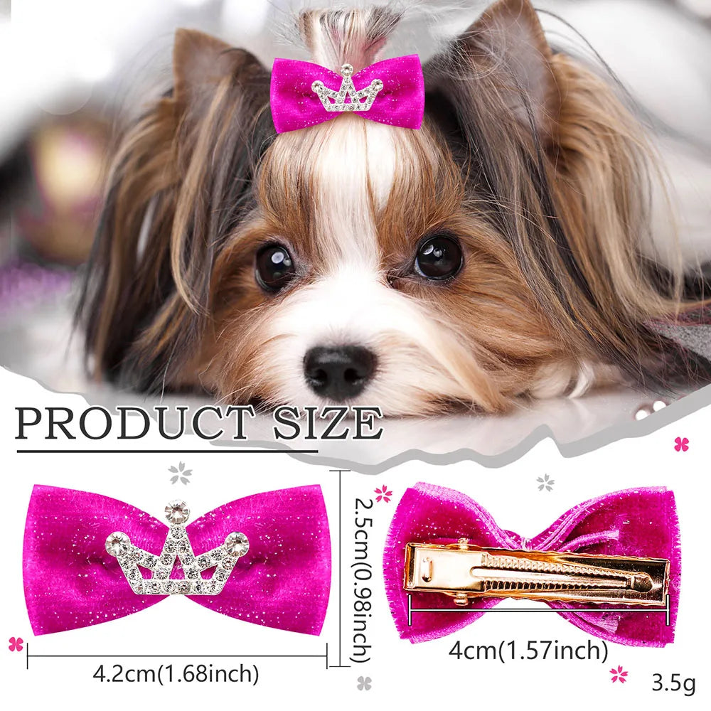 A close-up of a dog wearing a sparkly pink bow hair clip on its head.