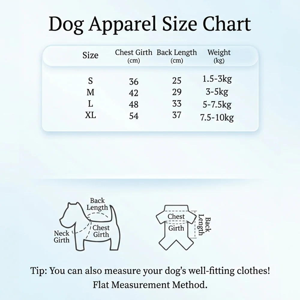 A size chart for dog apparel showing measurements like chest girth, back length, and weight for small dogs.