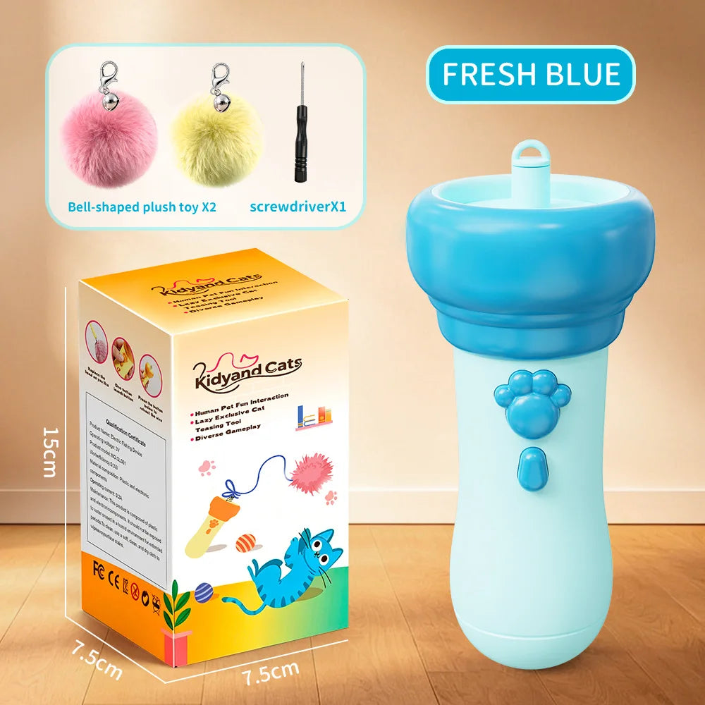 A blue electric interactive cat teaser wand toy and a pink fluffy toy are shown next to the product box.