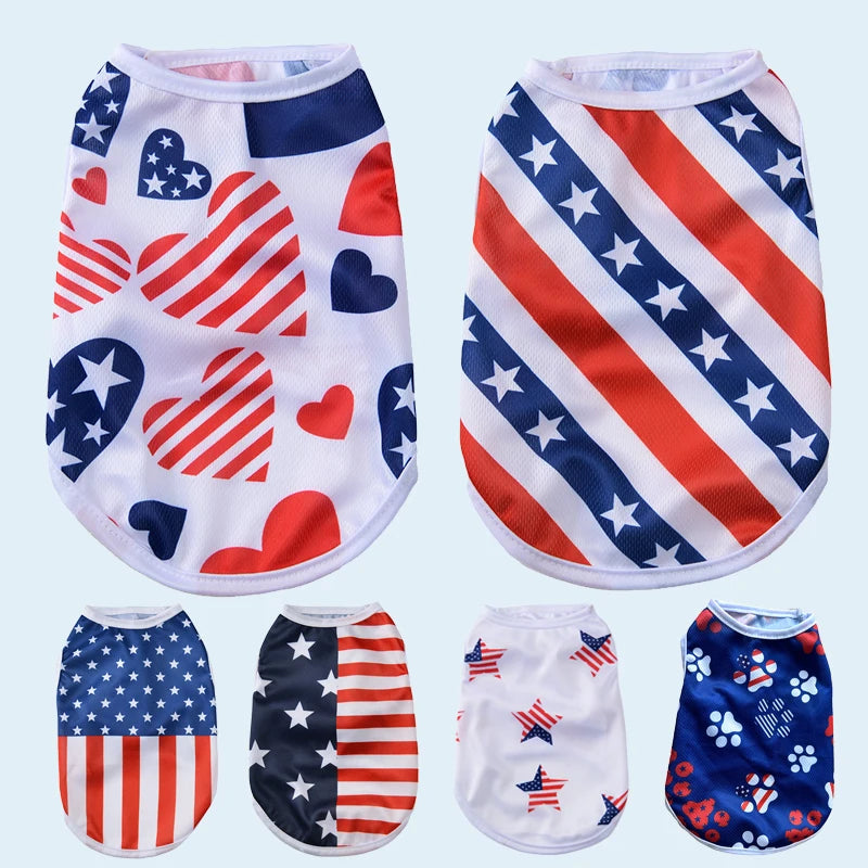 A collection of patriotic Independence Day dog vests featuring red, white, and blue stripes and stars.
