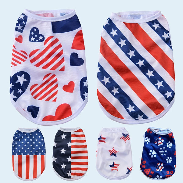 A collection of patriotic Independence Day dog vests featuring red, white, and blue stripes and stars.