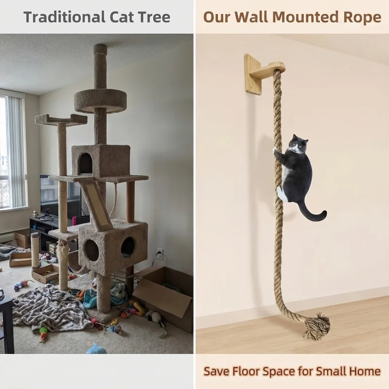 Traditioniger Katzenbaum und ein wandmontierter Seilkrallbaum für Katzen.