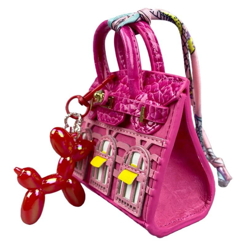 Handcrafted Mini House-Shaped Handbag with Puppy Keychain