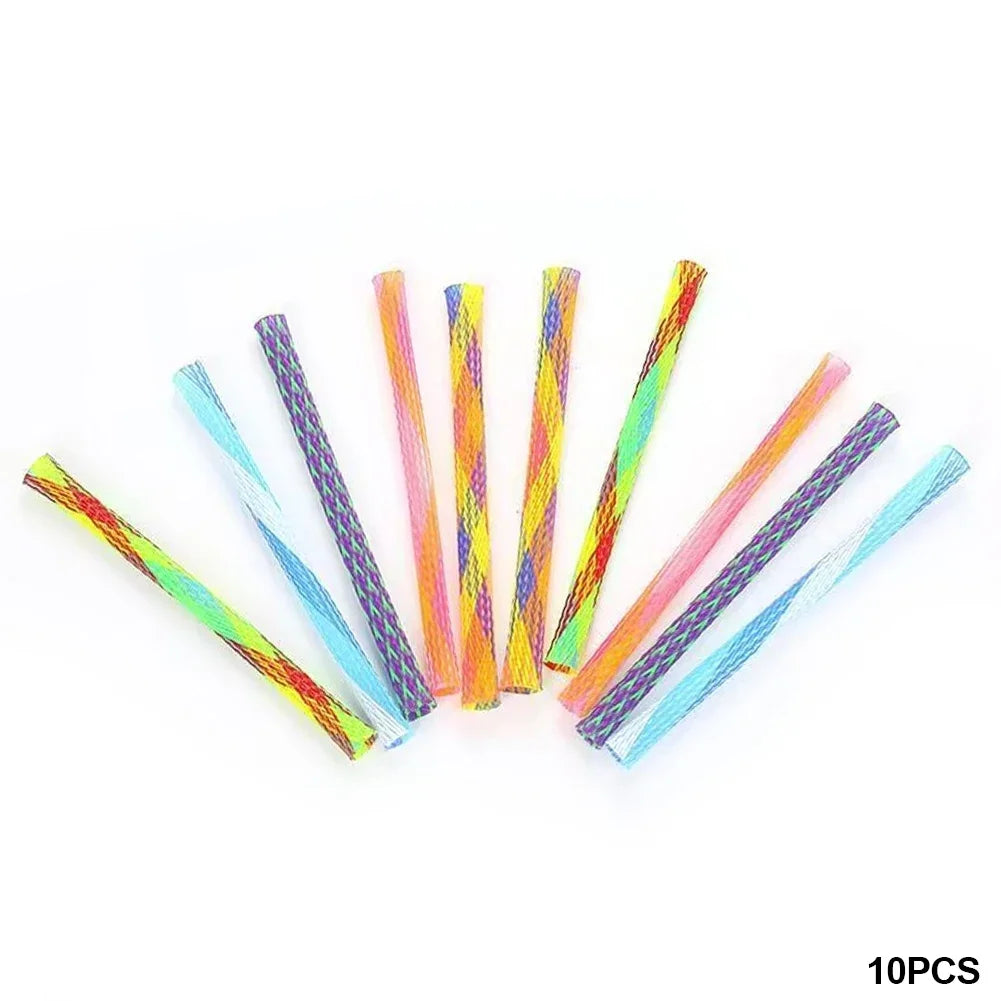 A set of ten colorful, striped bouncing springs for cat toys