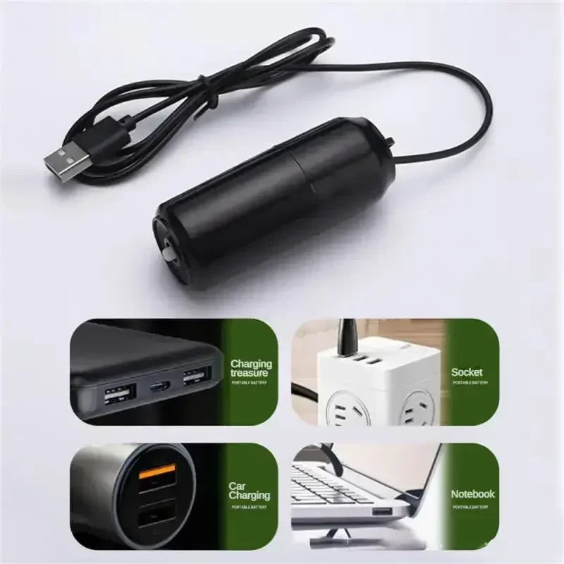 A black USB-powered silent aquarium air pump with a cord and various accessories shown.