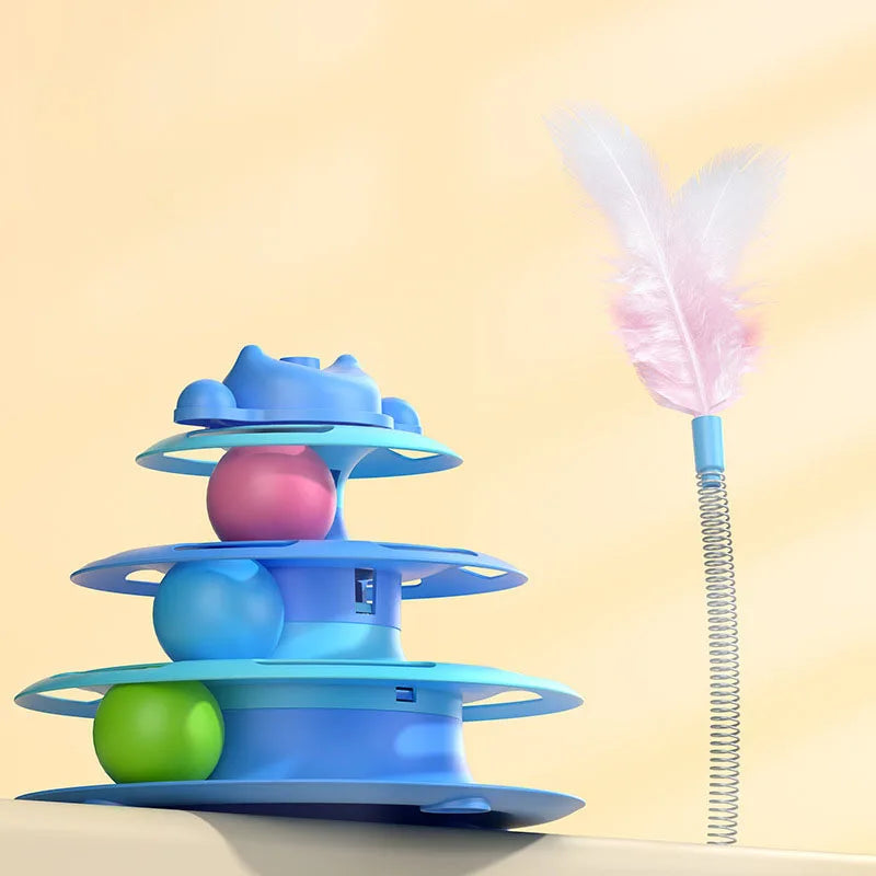 Interactive Cat Turntable Toy with Feather Wand and Rolling Ball