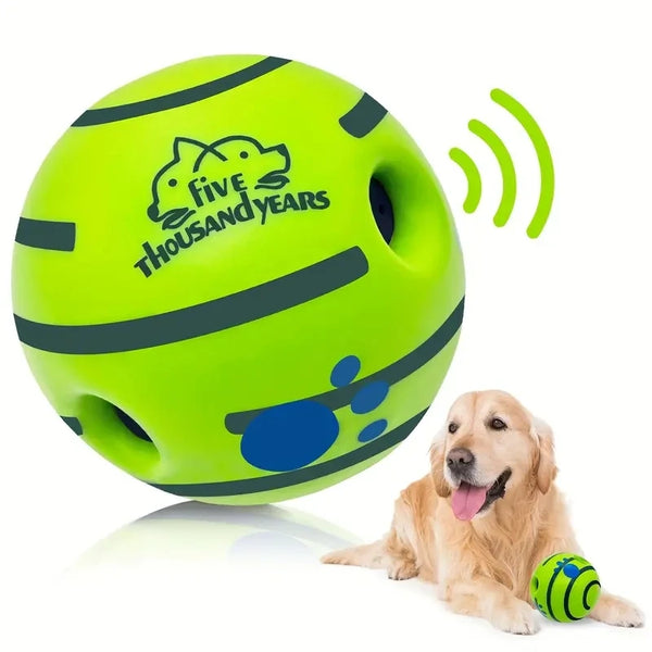 A bright lime green interactive ball with a paw print design and Wi-Fi signal, next to a golden retriever dog.