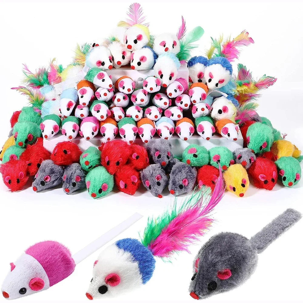 A collection of catnip-infused faux fur cat mice toys in various colors and patterns, including pink, white, green, and red.