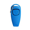 A bright blue 2-in-1 dog training clicker and whistle attached to a key ring.