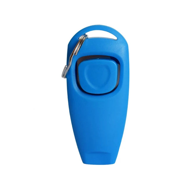 A bright blue 2-in-1 dog training clicker and whistle attached to a key ring.