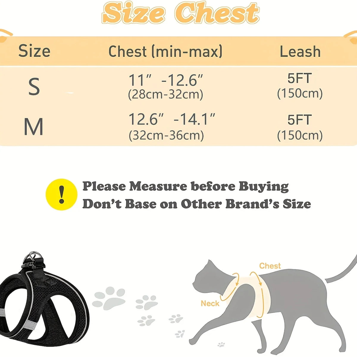 A diagram showing size measurements for a dog harness and leash set, including chest dimensions for small dogs and kittens.