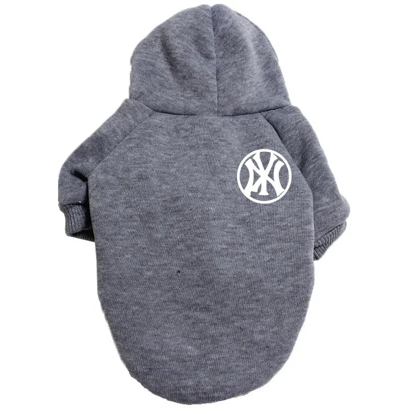 A gray cozy fleece pet hoodie for dogs with a New York Yankees logo on the chest.