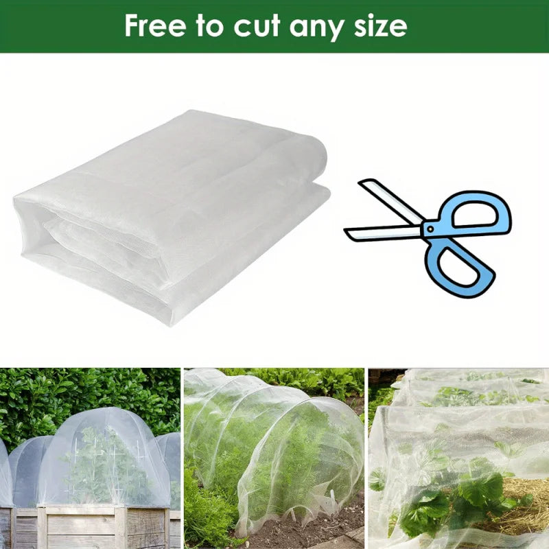White bird and insect proof protective netting material shown next to scissors for cutting