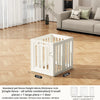 White indoor pet playpen with a door and vertical slats shown on a wooden floor.