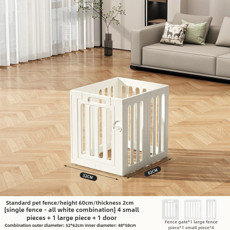 White indoor pet playpen with a door and vertical slats shown on a wooden floor.