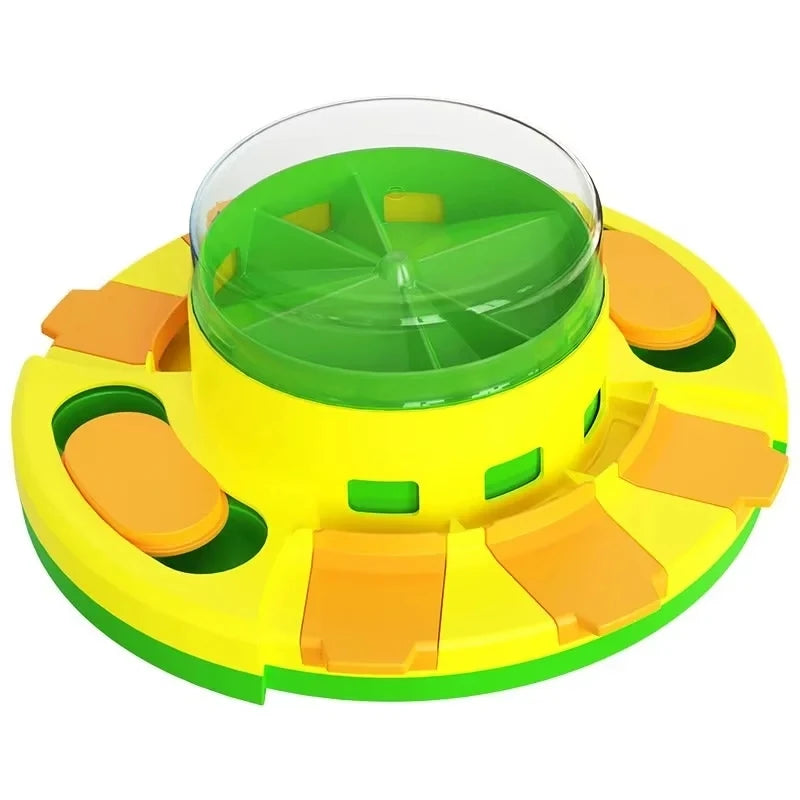 A yellow and green interactive dog slow feeder puzzle toy with a clear green bowl.