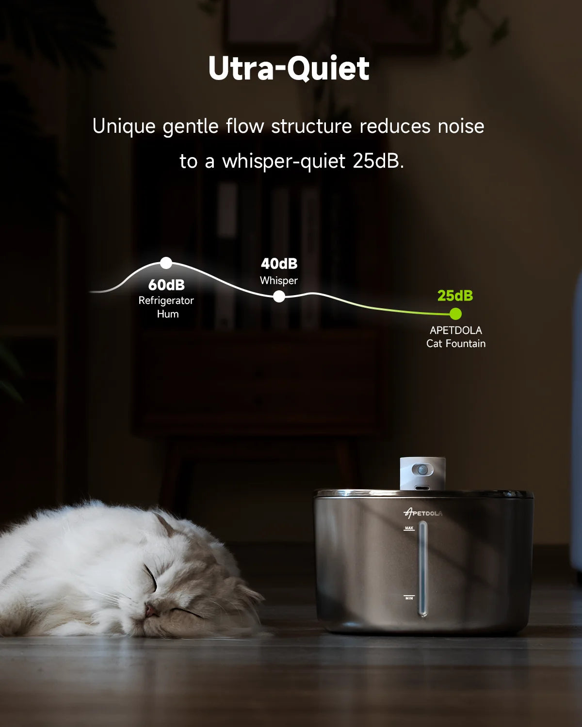 A silver wireless cat water fountain is shown next to a sleeping white cat, demonstrating its ultra-quiet operation.