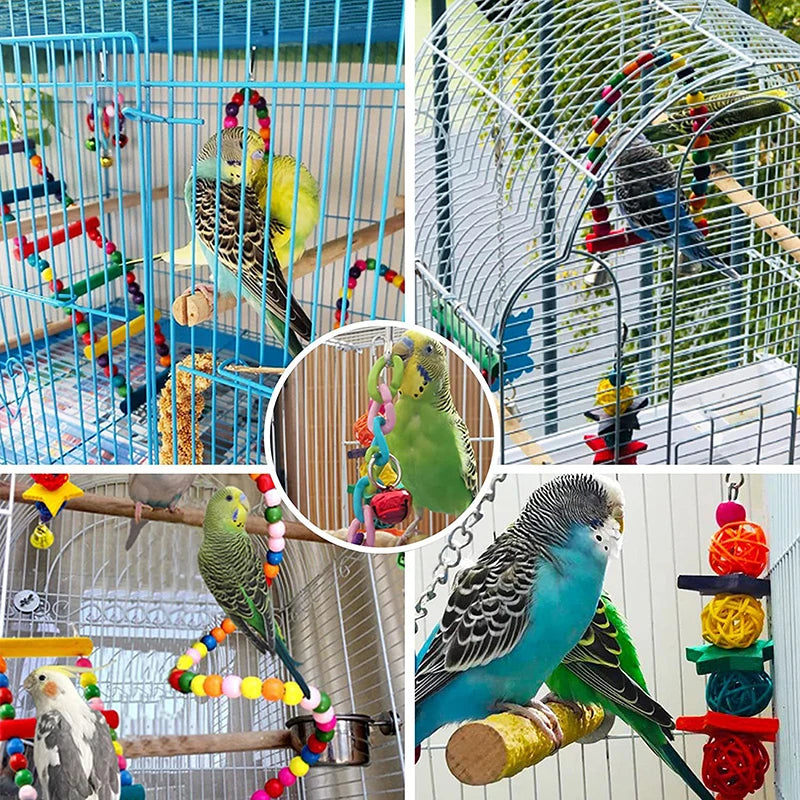 A collection of wooden parrot toys including swings, ladders, and various colorful accessories for birds.