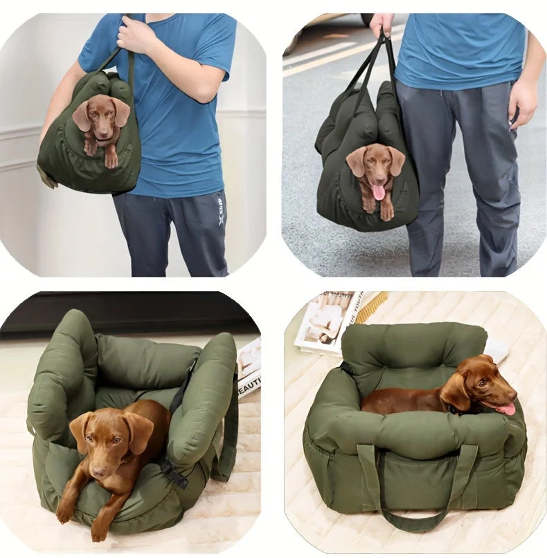 Dog Car Seat with Safety Belt – Non-Slip, Washable Travel Bed for Small Dogs