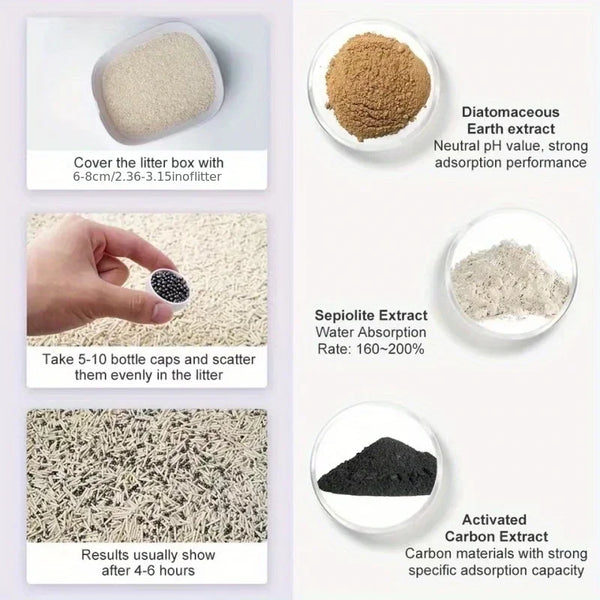 A set of cat litter deodorant beads including diatomaceous earth, sepiolite extract, and activated carbon extract for litter.