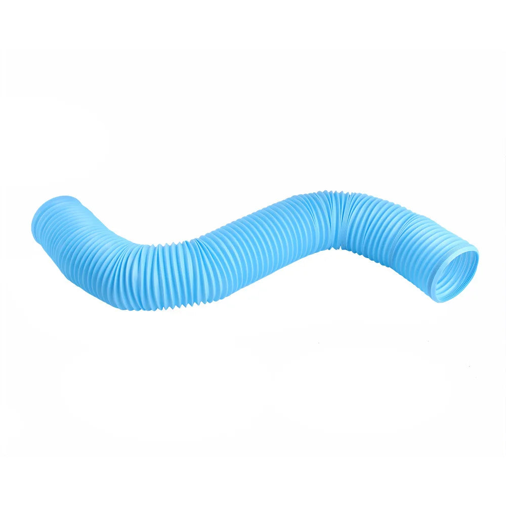A light blue, flexible plastic pet activity tunnel with a curved shape.