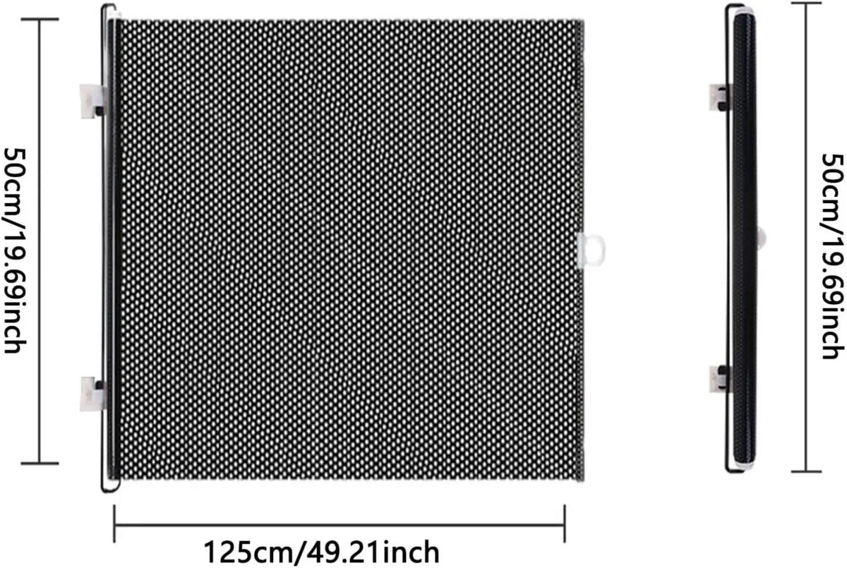 Schwariges, ausziehbarer Tiergatter mit Maschendraht, 125 cm lang und 50 cm hoch.