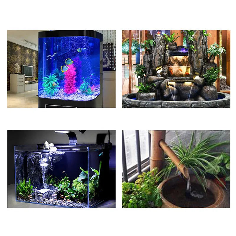 Various images showing a submersible aquarium water pump and decorative water features.