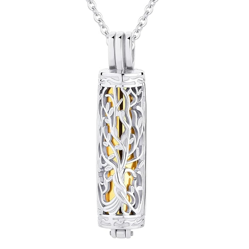 Stainless steel cylinder cremation urn necklace featuring a detailed tree design for memorial keepsakes