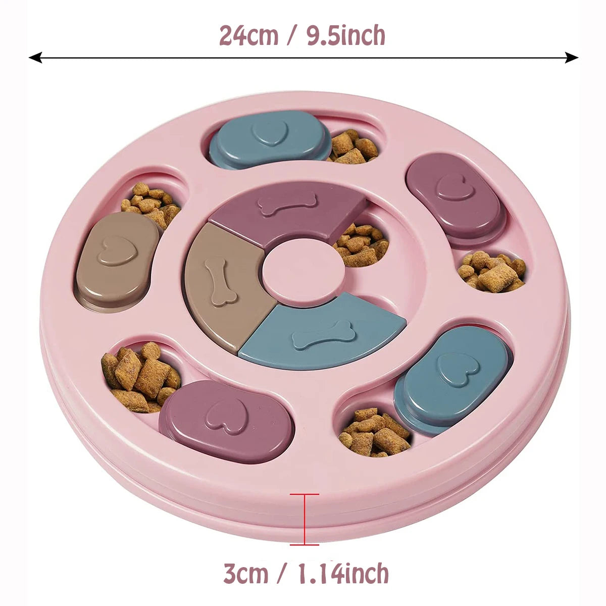 Pink interactive dog slow feeder bowl with various colored silicone inserts for pet feeding