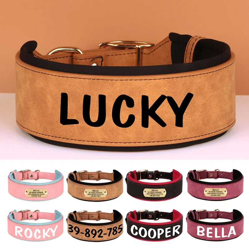 Wide Personalized PU Leather Dog Collar With Custom Name Tag