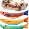 A set of three colorful fish toys, including a catnip-themed toy shaped like a fish.