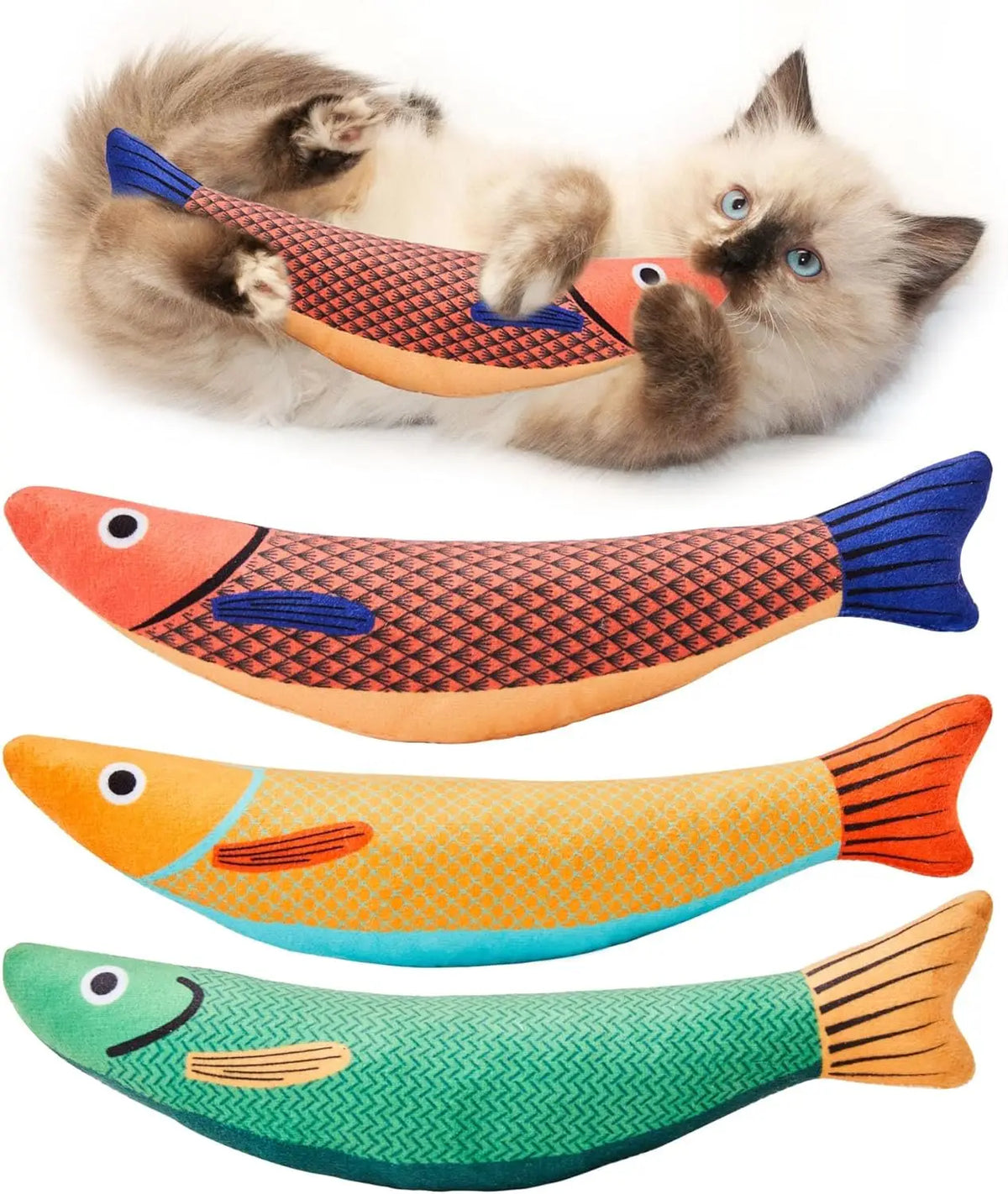 A set of three colorful fish toys, including a catnip-themed toy shaped like a fish.