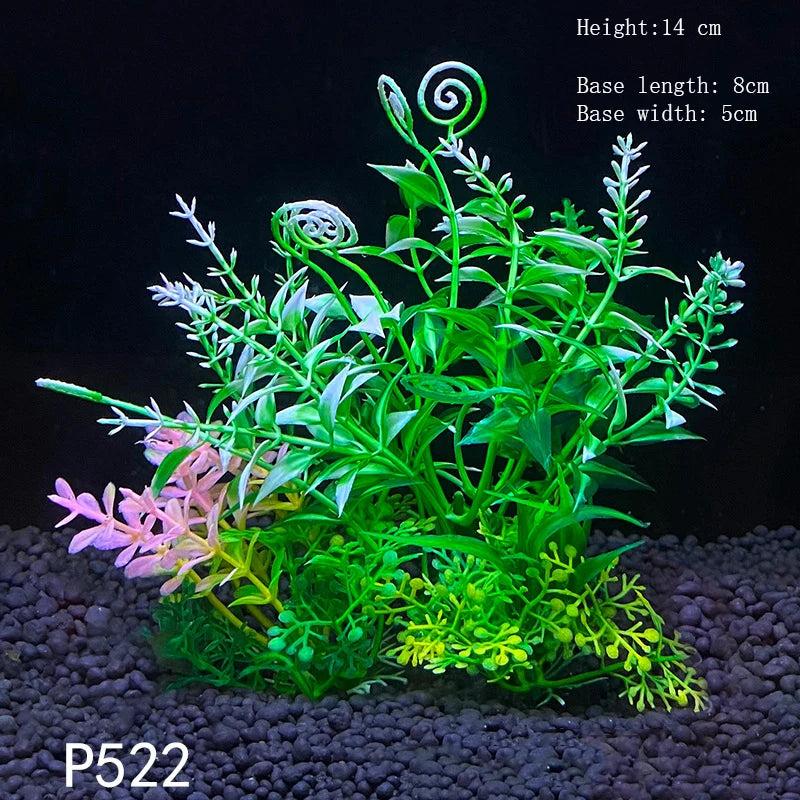 A vibrant artificial aquarium plant featuring green foliage and spiral-shaped leaves, displayed on dark gravel.
