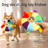 A hand holds a colorful frisbee dog toy while a happy dog is nearby.