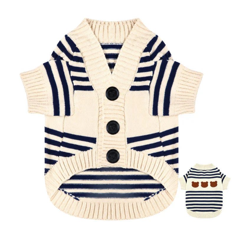 A cream and navy striped cardigan sweater for small dogs and cats