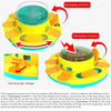 A yellow and blue interactive dog slow feeder puzzle toy with a transparent food container.