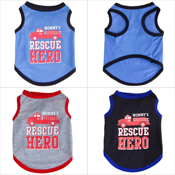 A set of four letter print cotton vests for small dogs and cats featuring a rescue hero design on blue, gray, and black fabri