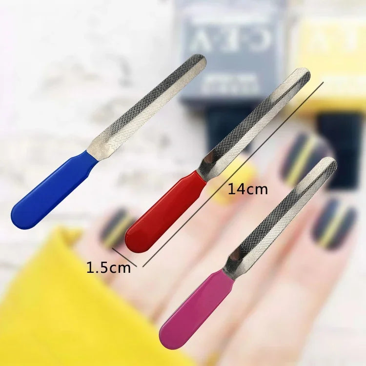 Three stainless steel pet nail clippers in blue, red, and pink are shown being held by a person's fingers.