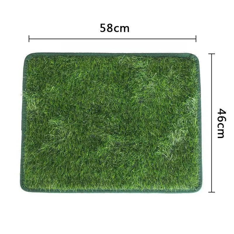 A rectangular green artificial dog grass mat used for potty training, measuring 58cm by 46cm.