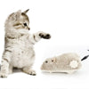 A small kitten is looking at a soft, gray plush mouse toy.