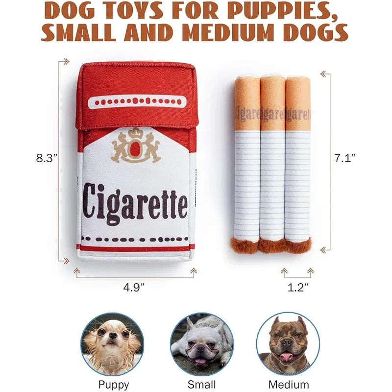 A set of cigarette-shaped squeaky dog chew toys for puppies, small, and medium dogs.