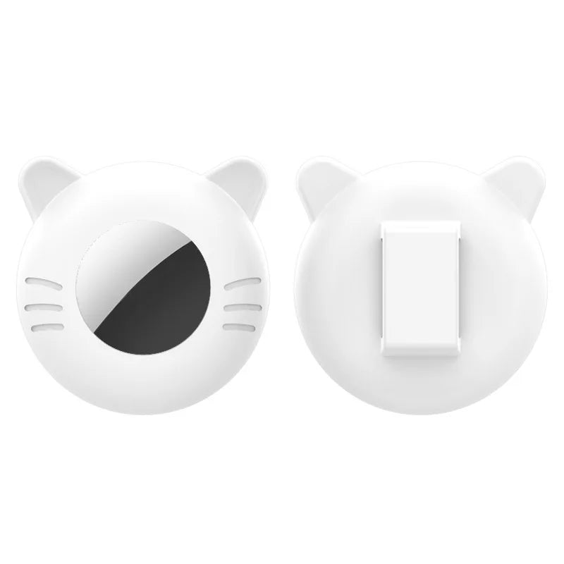 A white silicone collar holder shaped like a cat's head, designed to hold an AirTag.