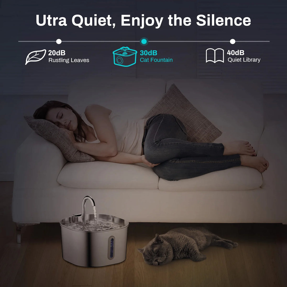 A cat water fountain is placed on the floor next to a sleeping cat, with various sound levels displayed above.