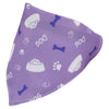 Purple cotton pet bandana with a white cartoon print of dog paw prints and bones.