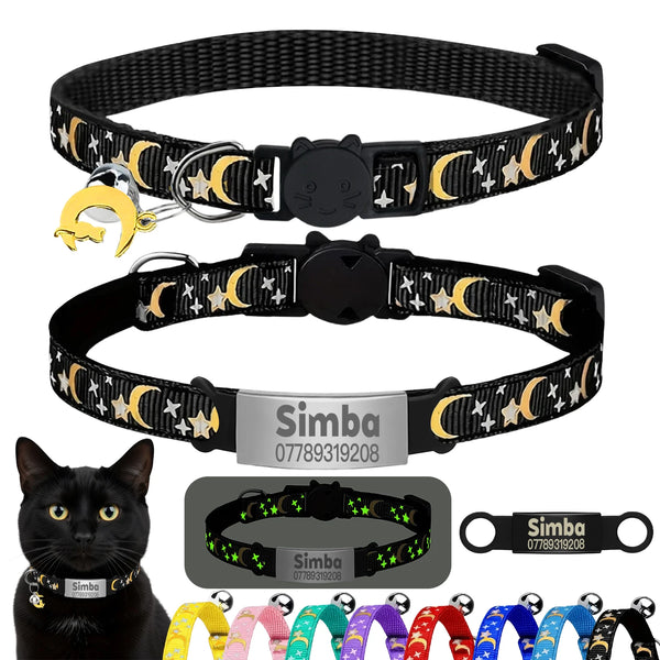 Black glow cat collar with engraved Simba ID tag and bell, shown on a black cat.