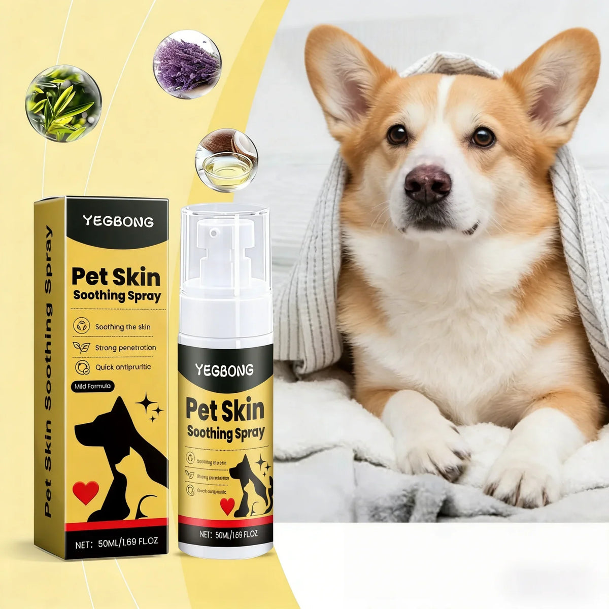 A dog is resting on a white blanket next to a bottle of Yegbong Pet Skin Soothing Spray and various ingredients.